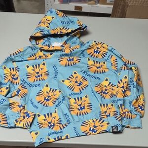 Kids Tiger Print Hoodie Sweatshirt - Light Blue & Yellow - 10 Years Oversize Fit